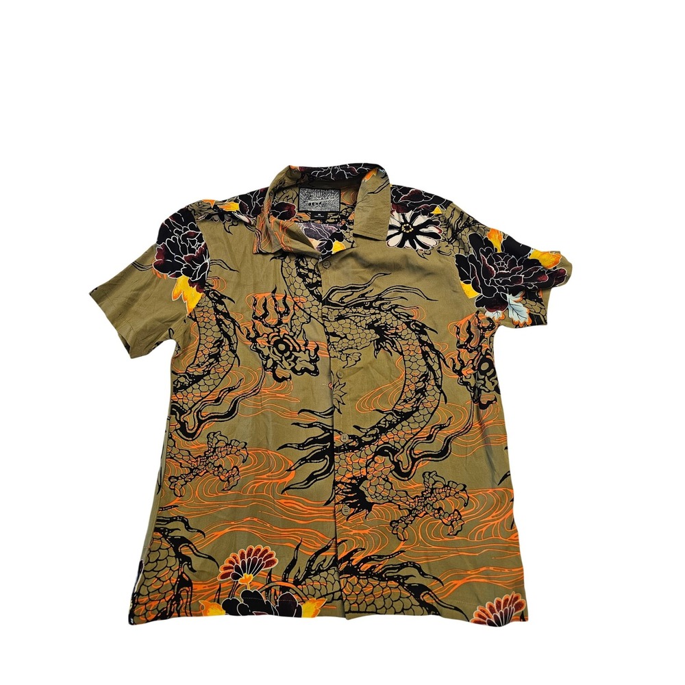 Brooklyn Cloth Mens Dragon Floral Print Rayon Short Sleeve Button Down Shirt M